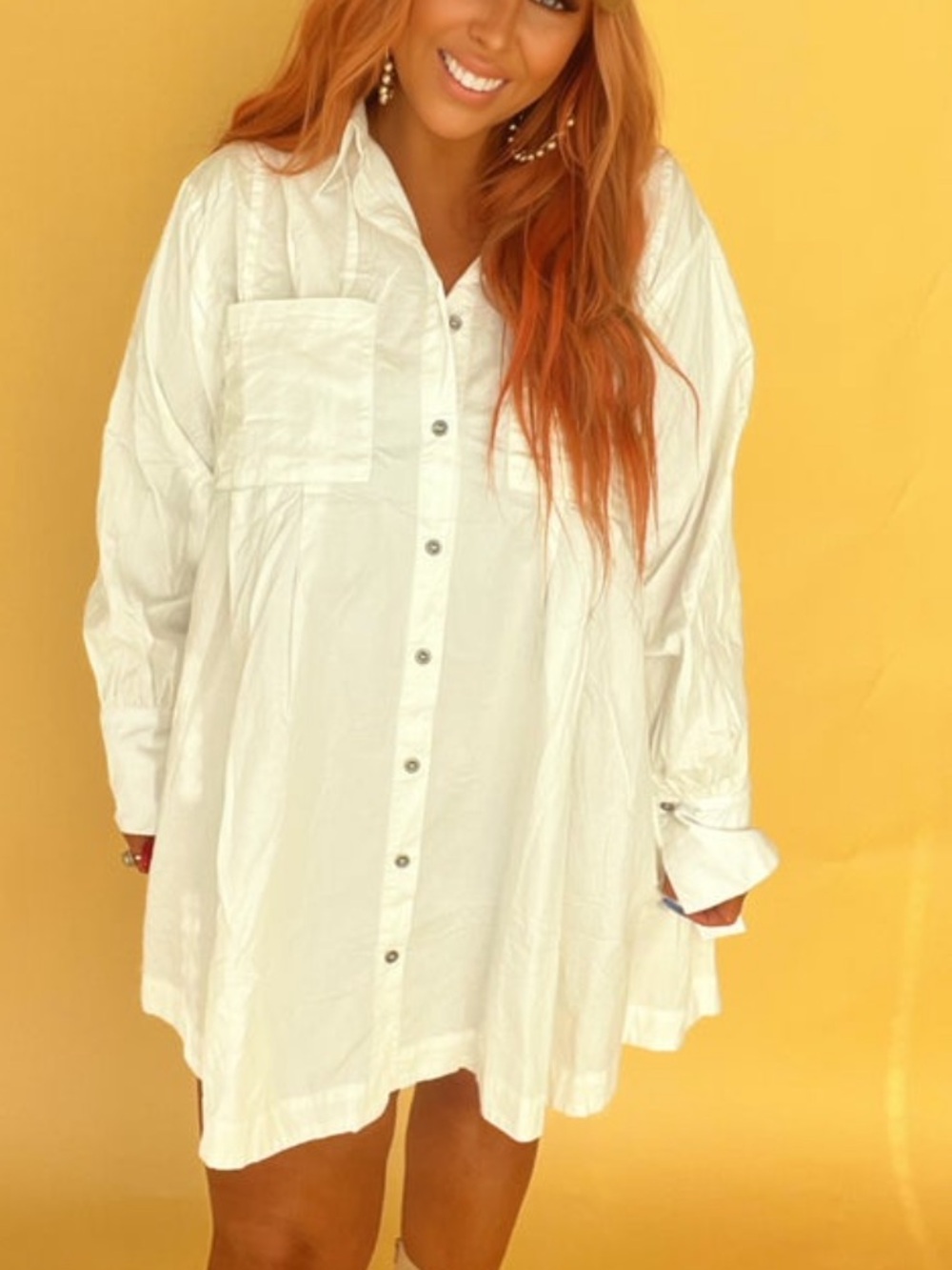 CES FEMME White Long-Sleeve Pleated Tunic Dress
